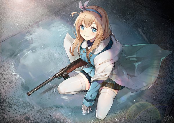 Anime picture 1131x800 with girls frontline suomi kp31 (girls frontline) naguri single long hair looking at viewer blush fringe blue eyes blonde hair smile hair between eyes holding full body outdoors from above open clothes fur trim lens flare rain
