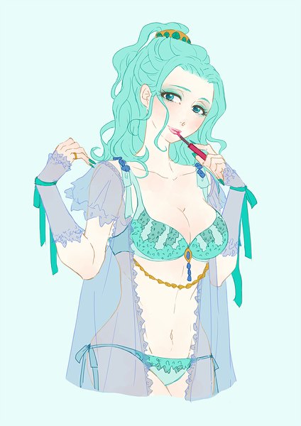 Anime picture 800x1131 with bishoujo senshi sailor moon toei animation kaiou michiru soudwrong single long hair tall image light erotic aqua eyes lips aqua hair underwear only lipstick wavy hair eyeshadow girl gloves navel underwear panties