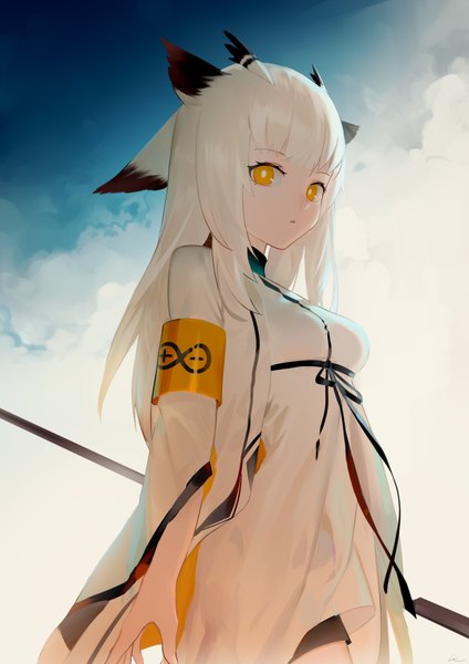 Anime picture 2480x3508 with arknights ptilopsis (arknights) leiq single long hair tall image looking at viewer fringe highres breasts animal ears yellow eyes payot sky cloud (clouds) outdoors white hair blunt bangs parted lips girl