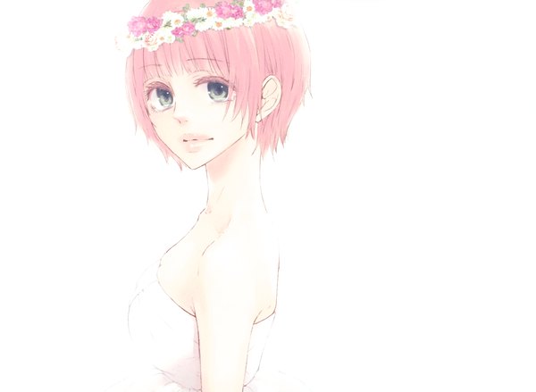 Anime picture 3367x2466 with vocaloid just be friends (vocaloid) megurine luka single highres short hair simple background white background bare shoulders pink hair absurdres grey eyes girl wreath