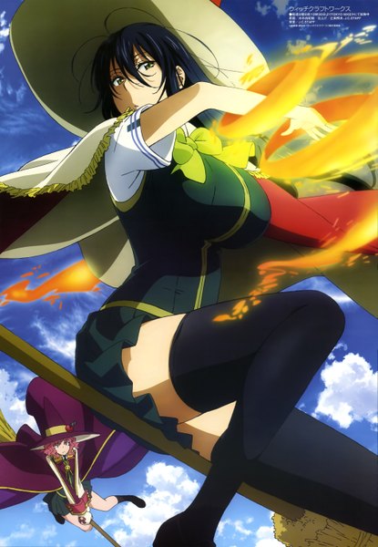 Anime picture 4091x5918 with witch craft works j.c. staff megami magazine kagari ayaka long hair tall image highres breasts black hair large breasts multiple girls brown eyes absurdres sky cloud (clouds) official art flying witch girl thighhighs