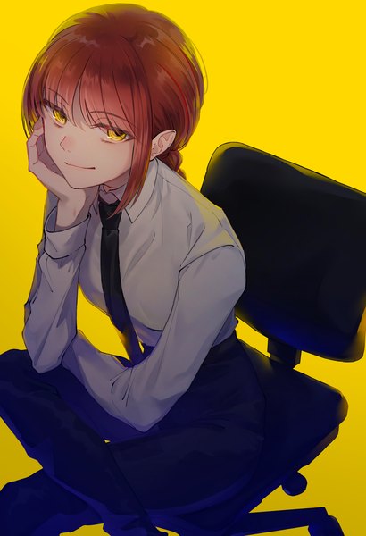 Anime picture 2894x4239 with chainsaw man mappa makima (chainsaw man) rubianeko single long hair tall image looking at viewer highres simple background smile sitting yellow eyes payot red hair braid (braids) from above single braid yellow background head rest