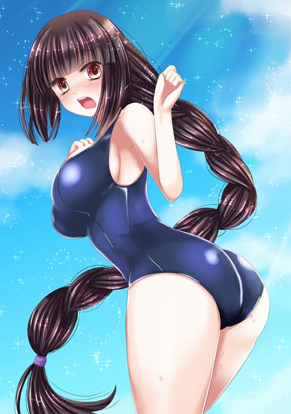 Anime picture 704x1000 with original hiroharu single long hair tall image looking at viewer breasts light erotic black hair large breasts ass braid (braids) girl swimsuit one-piece swimsuit school swimsuit
