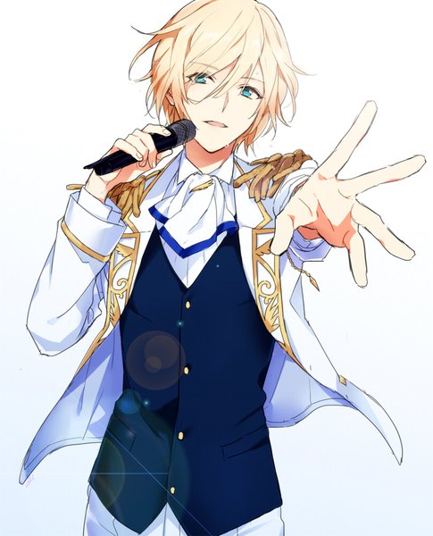 Anime picture 808x1000 with ensemble stars! tenshouin eichi uririri69 single tall image looking at viewer fringe short hair open mouth simple background blonde hair hair between eyes white background upper body aqua eyes outstretched hand boy microphone epaulettes
