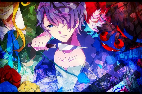 Anime picture 1200x793 with ib (game) garry (ib) mary (ib) achiki long hair fringe short hair blue eyes blonde hair smile purple hair hair over one eye girl flower (flowers) rose (roses) knife