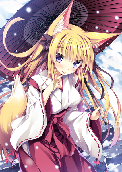 Anime picture 567x800 with original tateha (marvelous grace) single long hair tall image looking at viewer blush blonde hair purple eyes holding animal ears tail long sleeves traditional clothes japanese clothes animal tail wide sleeves fox ears finger to mouth fox tail