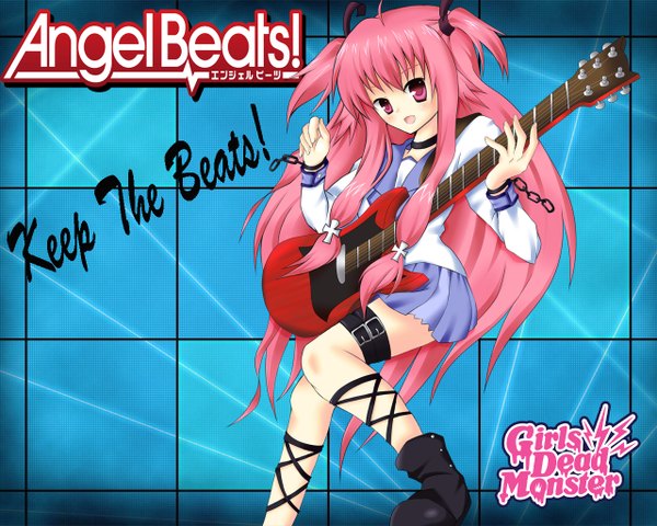 Anime picture 1280x1024 with angel beats! key (studio) yui (angel beats!) long hair pink hair ahoge pink eyes two side up girl skirt miniskirt serafuku chain collar musical instrument guitar