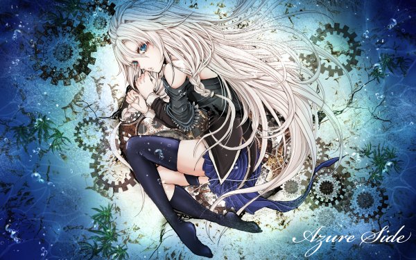 Anime picture 1200x750 with vocaloid ia (vocaloid) single long hair blue eyes wide image white hair lying girl thighhighs skirt black thighhighs detached sleeves miniskirt gears