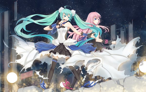 Anime picture 1978x1240 with vocaloid hatsune miku megurine luka fengsao hua tanzhang long hair highres blue eyes wide image twintails multiple girls pink hair very long hair aqua hair torn clothes girl thighhighs dress black thighhighs 2 girls microphone