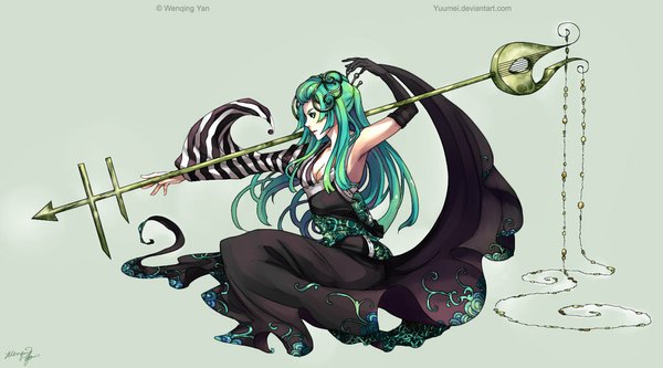 Anime picture 1024x569 with original yuumei single long hair wide image sitting signed profile aqua eyes aqua hair striped green background girl gloves hair ornament elbow gloves