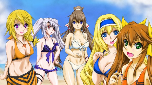 Anime picture 1280x720 with infinite stratos 8bit charles dunois laura bodewig cecilia orcott shinonono houki fang linyin ani (moe road) long hair blush breasts open mouth blue eyes light erotic blonde hair red eyes brown hair wide image purple eyes twintails