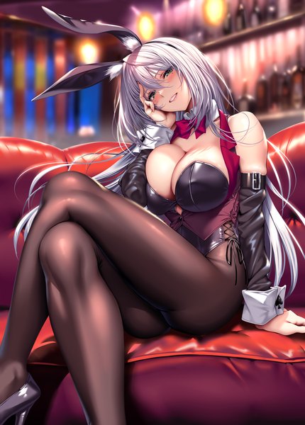 Anime picture 2010x2805 with hanikami kanojo amagasa tsuzuri piromizu single long hair tall image looking at viewer blush fringe highres breasts light erotic hair between eyes large breasts sitting green eyes animal ears silver hair indoors parted lips