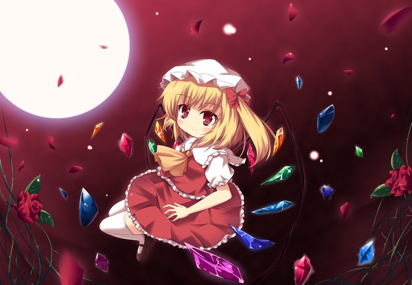 Anime picture 1155x800 with touhou flandre scarlet nibiiro shizuka long hair blonde hair smile red eyes loli one side up girl thighhighs skirt flower (flowers) petals white thighhighs wings moon skirt set thorns