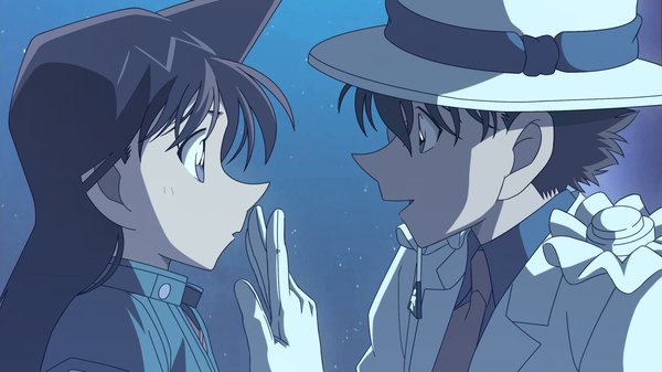 Anime picture 2560x1440 with detective conan magic kaito kaito kid ran mouri saki (pixiv1310181) long hair highres brown hair wide image night couple genderswap gloves hat