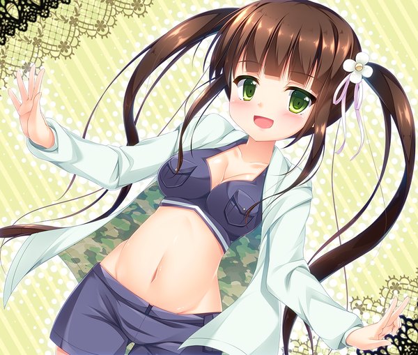 Anime picture 1139x967 with gochuumon wa usagi desu ka? white fox ujimatsu chiya takuma ss single long hair looking at viewer breasts open mouth light erotic simple background smile brown hair large breasts twintails green eyes payot :d hair flower bare belly