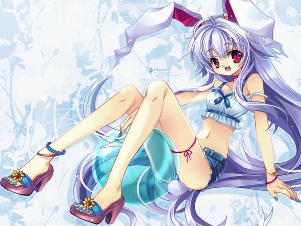 Anime picture 1600x1200 with touhou i.s.w reisen udongein inaba capura lin hiiragi ryou single looking at viewer blush open mouth red eyes sitting animal ears purple hair very long hair nail polish bunny ears wallpaper bunny girl girl shorts