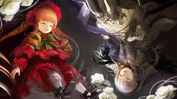 Anime picture 1920x1080 with rozen maiden suigintou shinku attall long hair highres blonde hair wide image multiple girls white hair eyes closed loli drill hair lolita fashion girl thighhighs dress flower (flowers) black thighhighs 2 girls