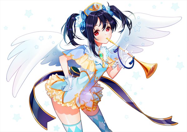Anime picture 1000x704 with love live! school idol project sunrise (studio) love live! yazawa nico rarumi single looking at viewer blush short hair black hair simple background red eyes white background twintails leaning leaning forward hand on hip short twintails angel wings rhombus