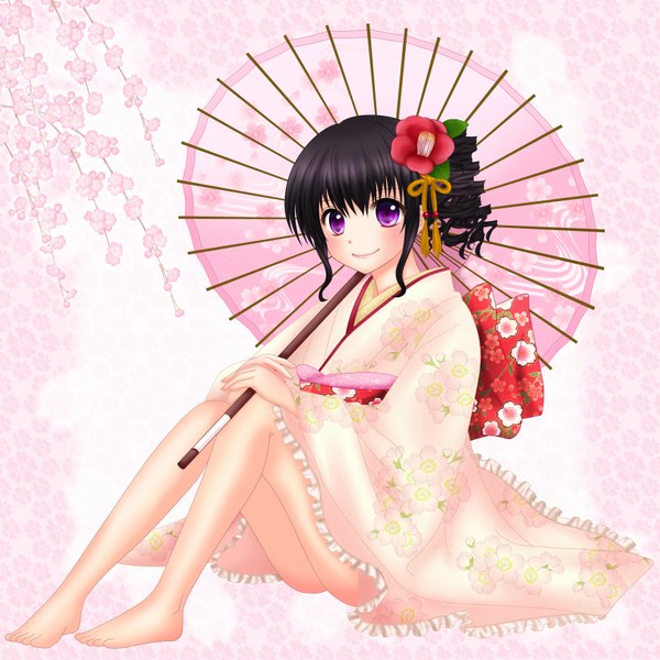 Anime picture 1750x1750 with original firefly (hotako) single looking at viewer highres short hair black hair smile sitting purple eyes japanese clothes barefoot hair flower lips legs cherry blossoms drill hair pink background curly hair girl