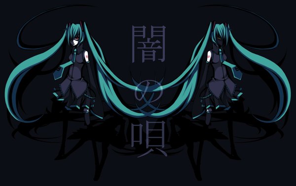 Anime picture 1900x1200 with vocaloid hatsune miku long hair fringe highres red eyes twintails bare shoulders multiple girls very long hair green hair hair over one eye tattoo dual persona girl 2 girls detached sleeves necktie