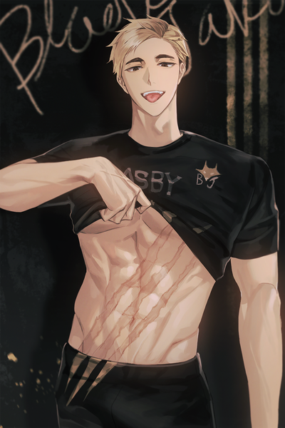 Anime picture 900x1350 with haikyuu!! production i.g miya atsumu s2hwh1q9n4ljya single tall image looking at viewer short hair open mouth light erotic simple background blonde hair smile standing brown eyes teeth short sleeves text black background scar