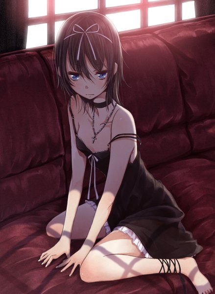 Anime picture 1465x2000 with tokunou shoutarou single tall image blush fringe short hair blue eyes brown hair sitting barefoot off shoulder bare legs wariza body blush sad girl dress window pendant cross