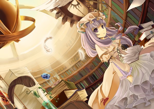 Anime picture 2085x1476 with touhou patchouli knowledge far eastern funion (artist) single long hair highres purple eyes purple hair wind sunlight alternate costume crescent girl dress book (books) feather (feathers) bonnet crystal mantle shelf