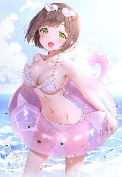 Anime picture 1066x1544 with idolmaster idolmaster cinderella girls maekawa miku kinako (shiratama mochi) single tall image looking at viewer blush fringe short hair breasts open mouth light erotic brown hair large breasts standing holding green eyes signed sky