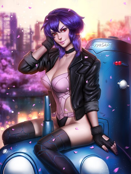 Anime picture 750x1000 with ghost in the shell production i.g kusanagi motoko ayyasap single tall image looking at viewer fringe short hair breasts light erotic smile hair between eyes red eyes sitting signed cleavage purple hair full body outdoors
