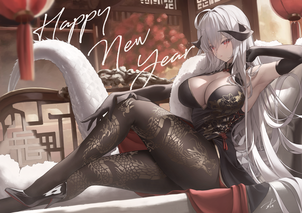 Anime picture 4093x2894 with original yabacha single long hair fringe highres breasts light erotic hair between eyes red eyes large breasts sitting signed looking away absurdres cleavage silver hair ahoge bent knee (knees) tail