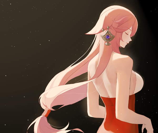 Anime picture 3826x3227 with genshin impact yae miko kt1860 single long hair highres animal ears pink hair absurdres upper body eyes closed profile alternate costume low ponytail dust girl