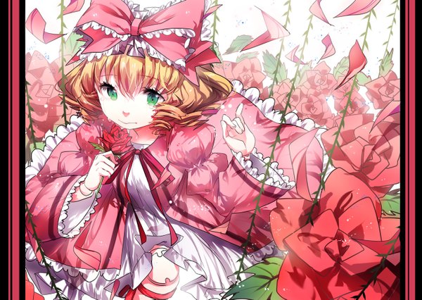 Anime picture 1300x923 with rozen maiden hina ichigo rosele single short hair blonde hair green eyes from above tears drill hair crying sad girl dress flower (flowers) bow hair bow petals rose (roses) red rose