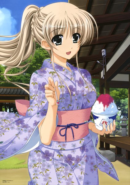 Anime picture 6079x8614 with mahou shoujo lyrical nanoha mahou shoujo lyrical nanoha strikers lily strosek higa yukari single long hair tall image highres open mouth blue eyes blonde hair absurdres ponytail traditional clothes :d japanese clothes girl food yukata shaved ice