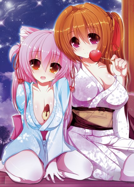 Anime picture 1429x2000 with original shia flatpaddy cassini m bisuko syroh long hair tall image breasts light erotic large breasts multiple girls animal ears yellow eyes pink hair cleavage japanese clothes pink eyes cat ears orange hair girl 2 girls