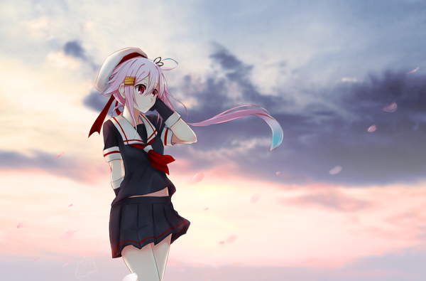 Anime picture 1516x1000 with kantai collection harusame destroyer kairow single long hair red eyes looking away pink hair sky cloud (clouds) pleated skirt wind hand on cheek girl skirt gloves uniform ribbon (ribbons) hat petals