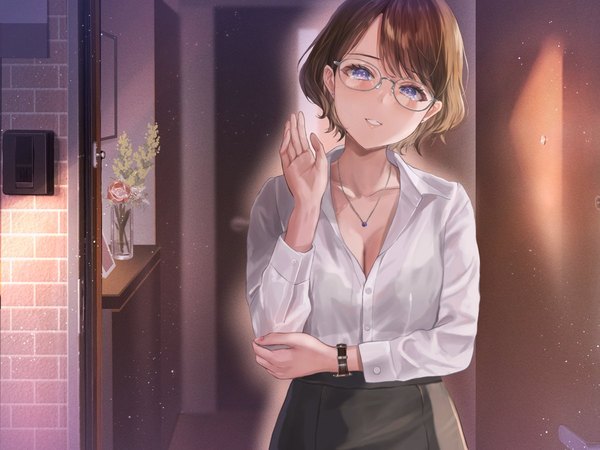 Anime picture 1200x900 with original sakamuke single looking at viewer blush fringe short hair light erotic smile brown hair standing purple eyes cleavage upper body indoors long sleeves head tilt shadow open shirt grin