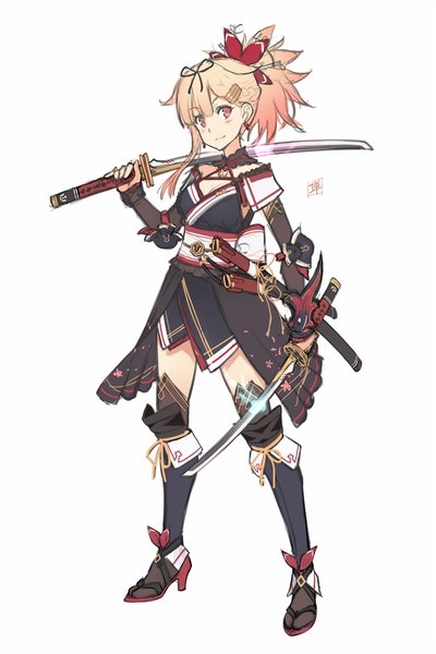 イラスト 720x1080 と Fateシリーズ 艦隊これくしょん fate/grand order 夕立(艦これ) 宮本武蔵(fate) 弾 ソロ 長身像 カメラ目線 赤面 短い髪 simple background 金髪 笑顔 赤い目 立つ 白背景 holding cleavage 全身