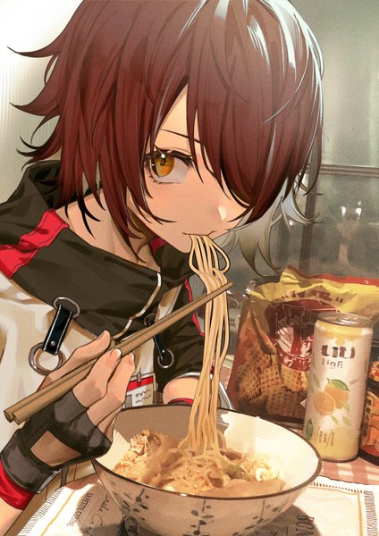 Anime picture 1080x1529 with arknights exusiai (arknights) a4-kalajiao single tall image looking at viewer fringe short hair upper body red hair hair over one eye orange eyes eating girl gloves food fingerless gloves can chopsticks chips