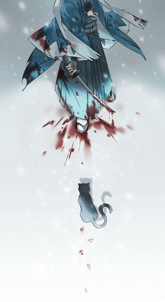 Anime picture 824x1500 with touken ranbu nitroplus yamato no kami yasusada instockee single tall image standing traditional clothes japanese clothes from above wide sleeves shadow snowing winter snow head out of frame bloody clothes blood stains bloody weapon footprints