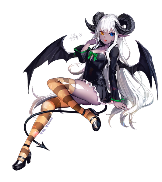 Anime picture 1000x1127 with original ddongu single long hair tall image looking at viewer light erotic full body white hair tail horn (horns) pointy ears arm support heterochromia adjusting hair transparent background demon girl grey skin girl thighhighs