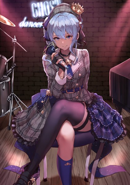 Anime picture 1348x1920 with virtual youtuber hololive hoshimachi suisei hoshimachi suisei (1st costume) jojobirdz single long hair tall image looking at viewer fringe smile hair between eyes sitting purple eyes holding payot blue hair indoors arm support crossed legs