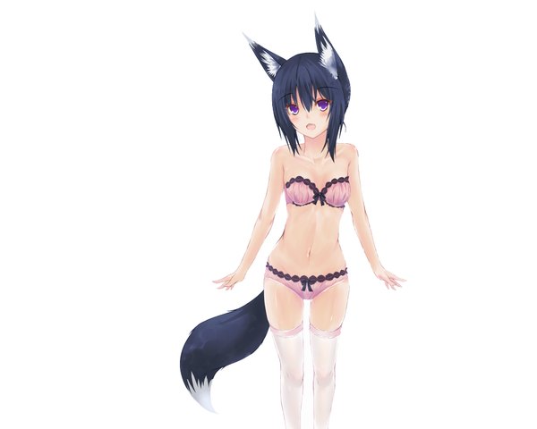 Anime picture 2000x1600 with original second heaven single blush fringe highres short hair open mouth light erotic black hair simple background white background purple eyes bare shoulders animal ears tail underwear only fox ears fox tail girl