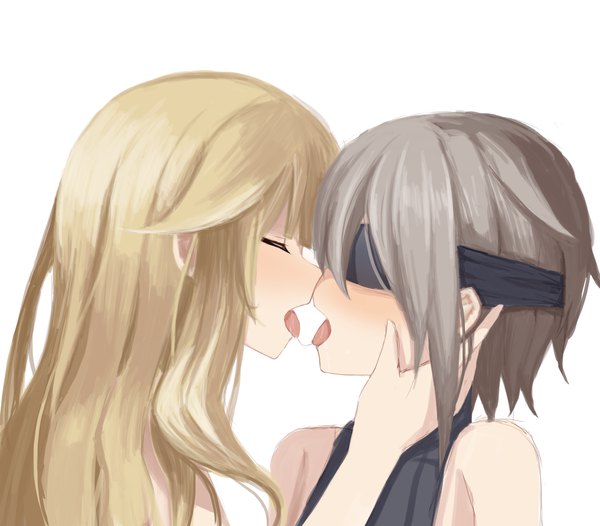 Anime picture 1866x1638 with princess principal ange (princess principal) princess (princess principal) yurichtofen long hair blush fringe highres short hair open mouth light erotic simple background blonde hair white background bare shoulders multiple girls payot upper body blunt bangs eyes closed