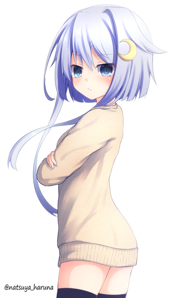 Anime picture 900x1560 with kantai collection yayoi destroyer hakua natsuyu single tall image blush fringe short hair blue eyes light erotic simple background hair between eyes standing white background signed payot looking away purple hair looking back from behind