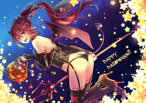 Anime picture 1754x1240 with free! kyoto animation matsuoka gou momoko (momoko14) single long hair looking at viewer highres open mouth light erotic brown hair brown eyes ass ponytail tail horn (horns) pantyshot halloween happy halloween girl