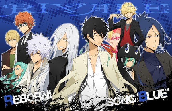 Anime picture 1250x808 with katekyou hitman reborn rokudo mukuro superbi squalo xanxus belphegor (khr) byakuran fran (khr) lussuria irie shouichi spanner kikyo (khr) danemaru black hair blonde hair blue hair white hair looking back multicolored hair green hair orange hair