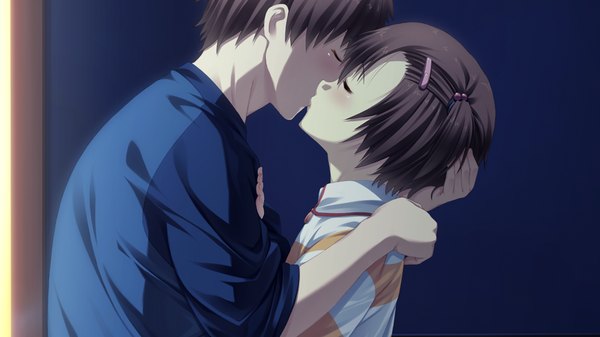Anime picture 1024x576 with suigetsu 2 blush short hair brown hair wide image game cg eyes closed couple kiss girl boy