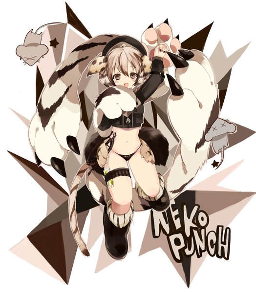 Anime picture 1619x1856 with original maruino (artist) tall image looking at viewer blush short hair open mouth smile brown hair white background brown eyes animal ears tail animal tail cat ears bare belly cat girl cat tail girl navel