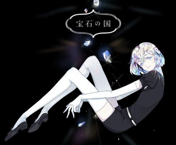 Anime picture 852x703 with houseki no kuni diamond (houseki no kuni) sanmen single looking at viewer short hair simple background silver hair full body puffy sleeves copyright name black background silver eyes androgynous thighhighs gloves white thighhighs elbow gloves white gloves gem