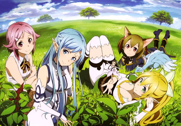 Anime picture 3806x2666 with sword art online a-1 pictures yuuki asuna leafa silica yui (sao) lisbeth asuna (sao-alo) pina (sao) adachi shingo long hair looking at viewer highres short hair blue eyes blonde hair smile red eyes brown hair multiple girls